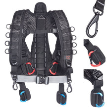Black harness with wide chest webbing, adjustable straps, and dangling clip loops