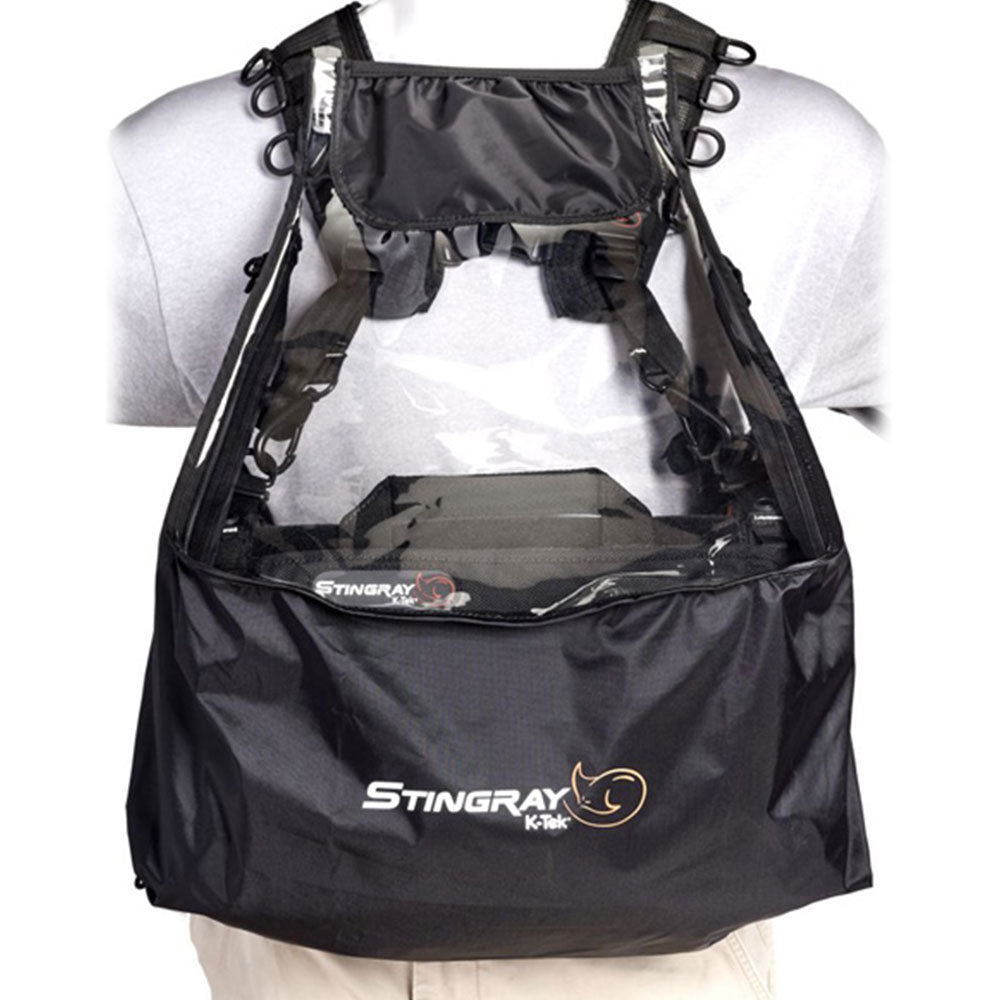 Black rain bib with front harness straps and multiple metal D-ring attachments