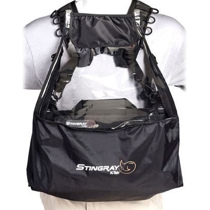 Black rain bib with front harness straps and multiple metal D-ring attachments