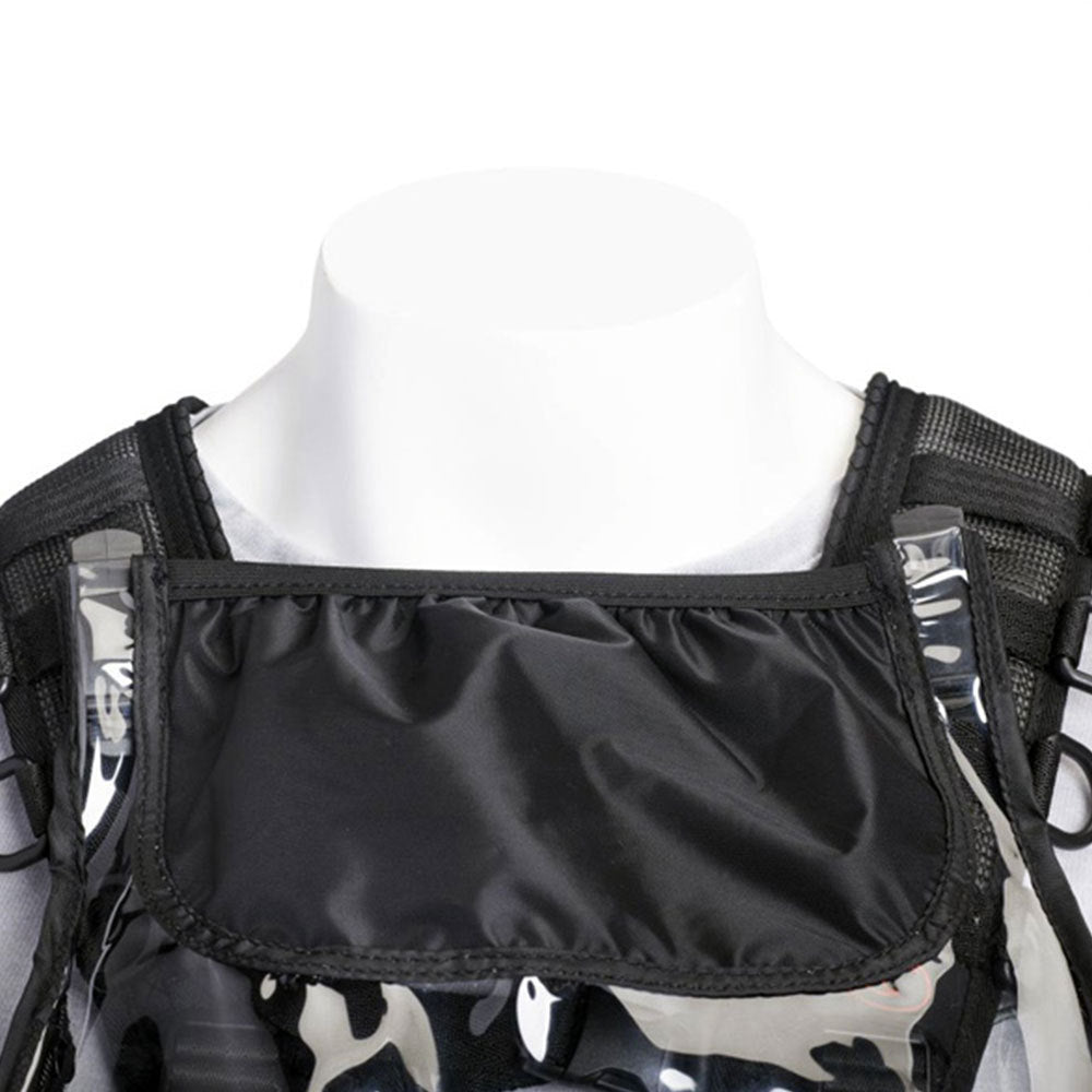 Black rain bib with ruffled chest yoke and side mesh panel under harness straps