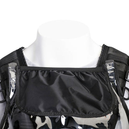 Black rain bib with ruffled chest yoke and side mesh panel under harness straps