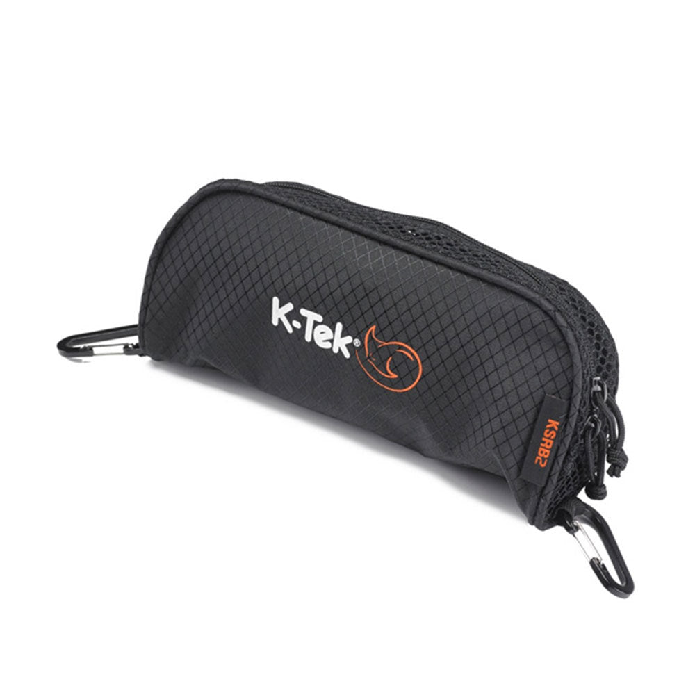 Black K-Tek branded accessory pouch with zipper and logo on curved fabric