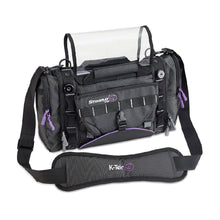 Black audio mixer recorder bag with purple trim, padded compartments, shoulder strap