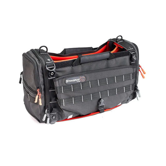 Black and gray audio mixer recorder bag with MOLLE-style front strap and side pockets
