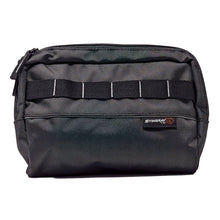Black front pouch with elastic divider pockets and zipper closure.