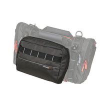 Black front pouch with zip opening, clear side panel, and carry loop.
