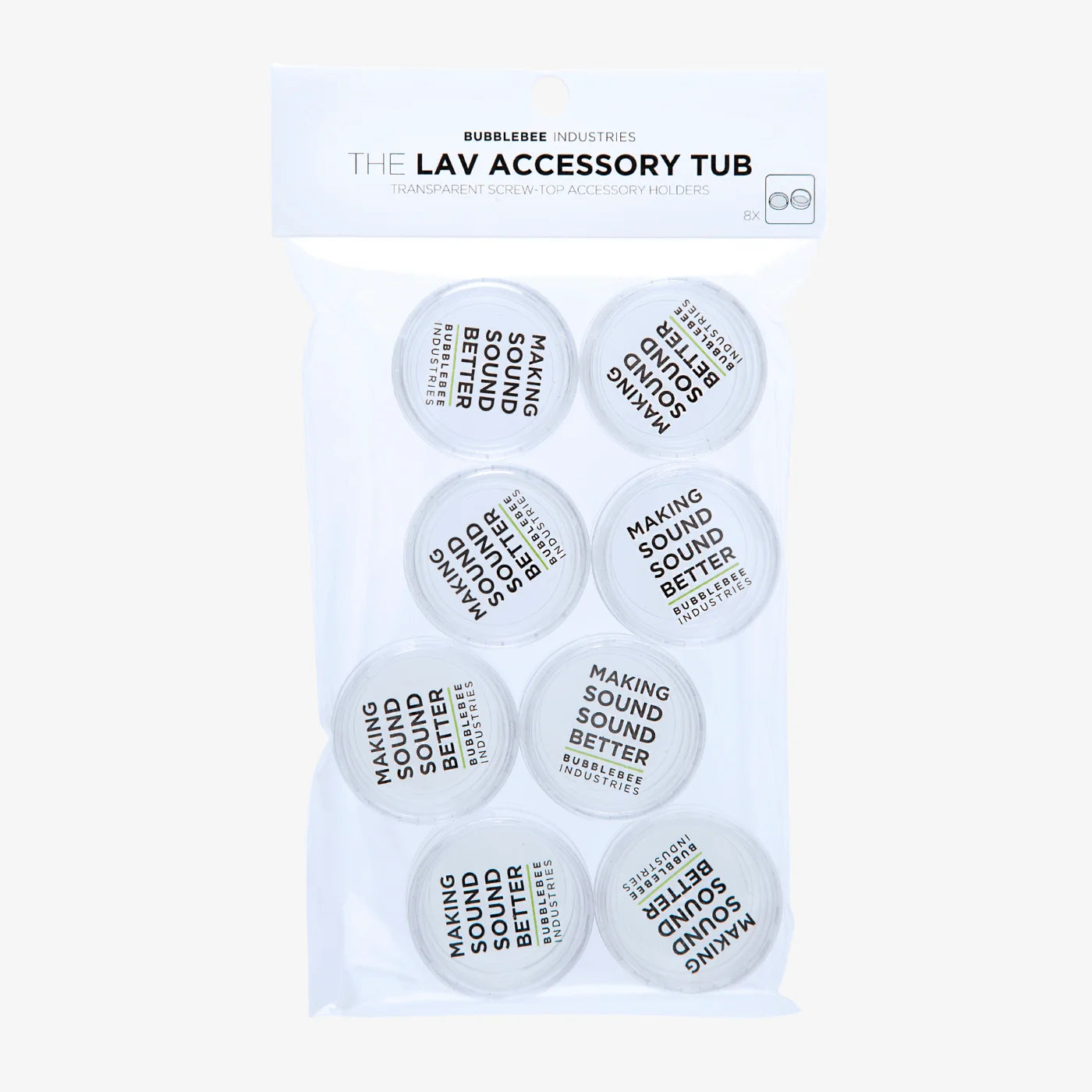 Lav accessory tub set (8-pack) with eight small round tubs, labeled for sound