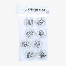 Lav accessory tub set (8-pack) with eight small round tubs, labeled for sound