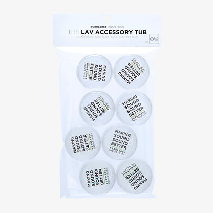 Lav accessory tub set (8-pack) with eight small round tubs, labeled for sound