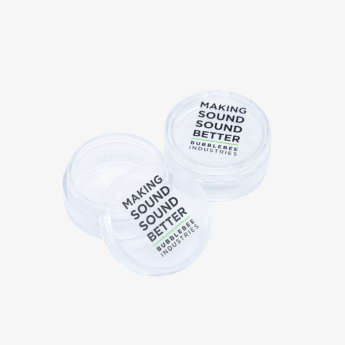 Lav accessory tubs, two clear round tubs with 'Making Sound Better' labels