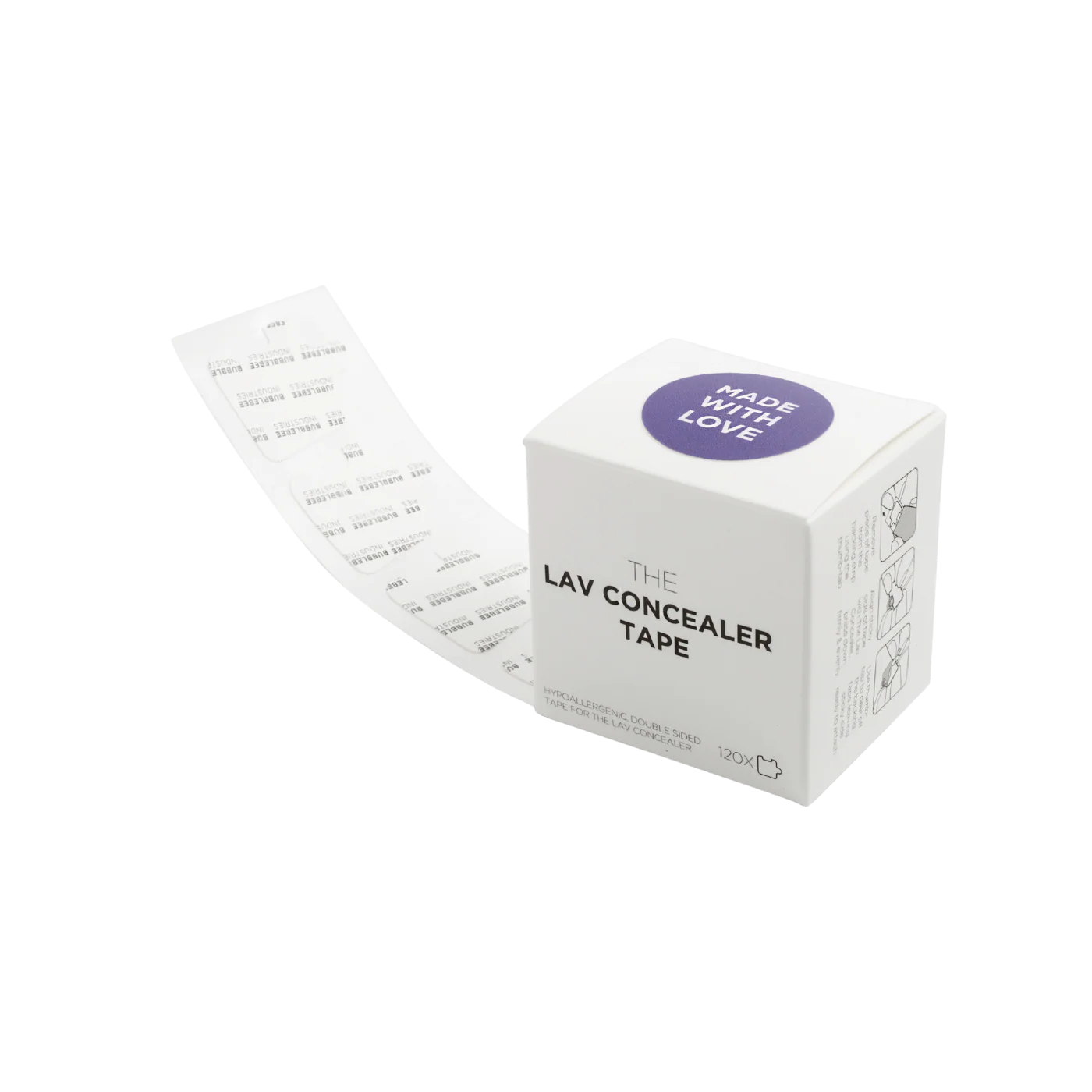 Lav concealer tape box with attached adhesive strip roll