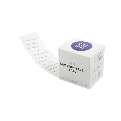 Lav concealer tape box with attached adhesive strip roll