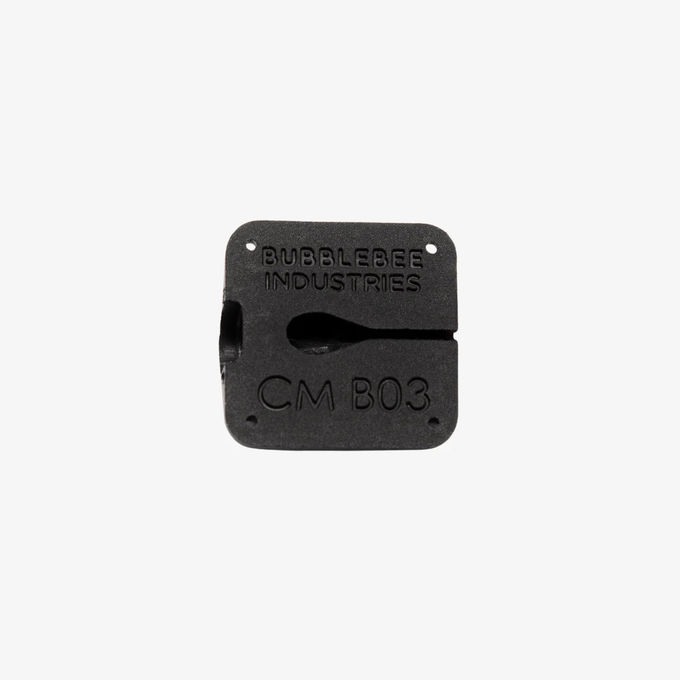 Black lav concealer mount with “CM B03” marking and “BubbleBee Industries” text