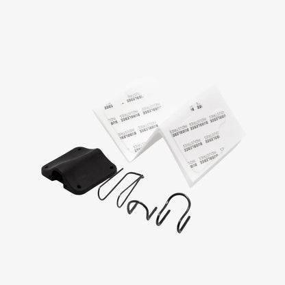 Black lav concealer mount with two white label stickers and curved wire loops