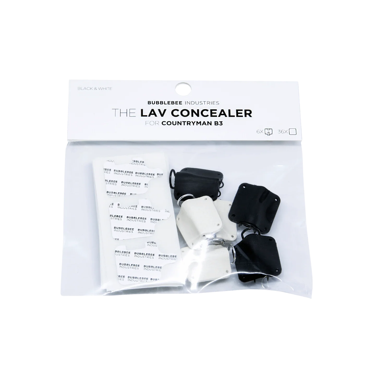Lav concealer kit for Countryman B3 packaging with black and white components inside