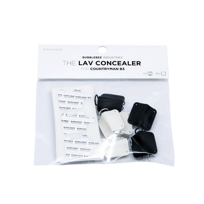 Lav concealer kit for Countryman B3 packaging with black and white components inside
