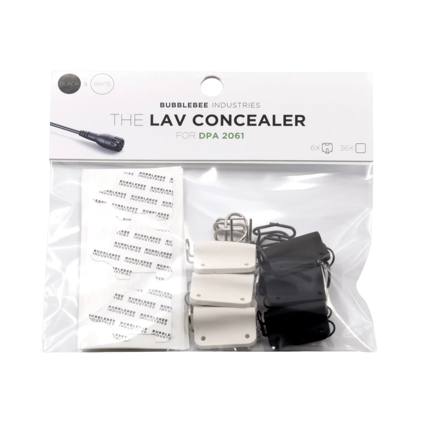Lav mic concealer kit for DPA 2061 in black and white, with clips and labels