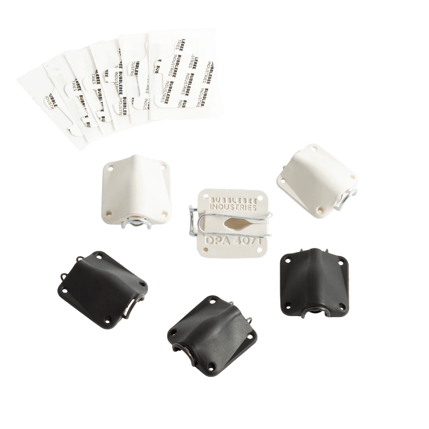 Lav mic concealer components, white and black covers with mounting holes and clips
