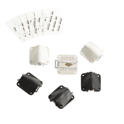 Lav mic concealer components, white and black covers with mounting holes and clips