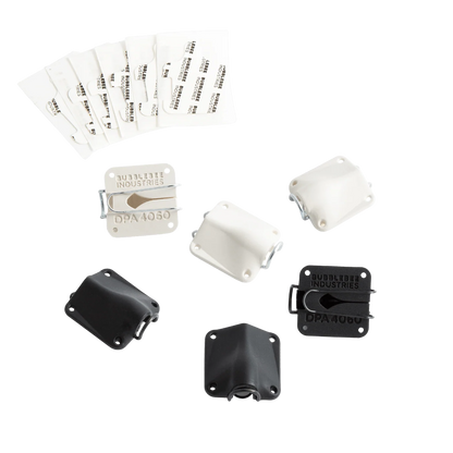 Lav mic concealer parts, white and black models with printed DPA markings and clips