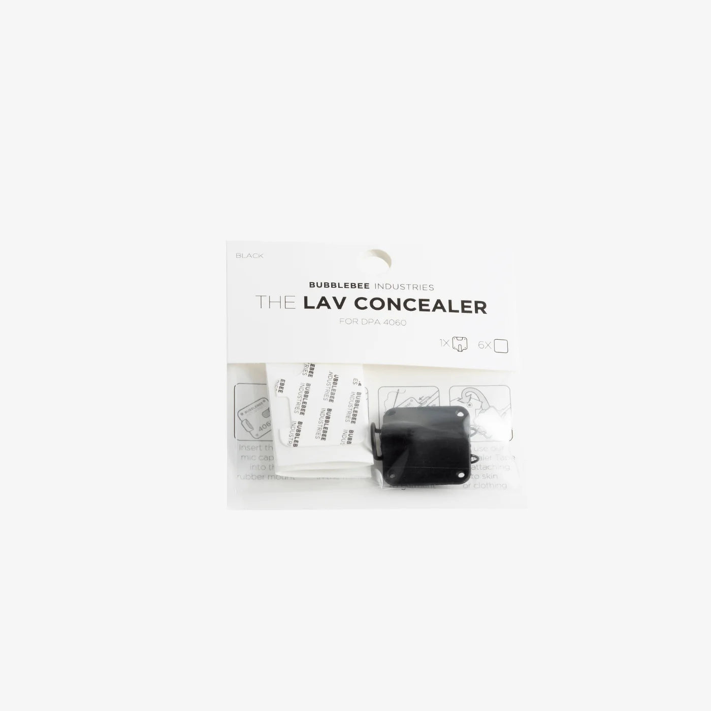 Lav microphone concealer retail pack with black housing and white accessories