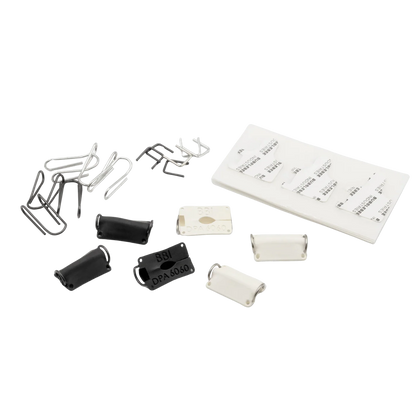 Lav mic concealer parts set, black and white mounting clips and label cards