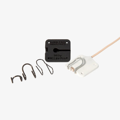 White lav microphone concealer with cable and black label plate plus spring wires