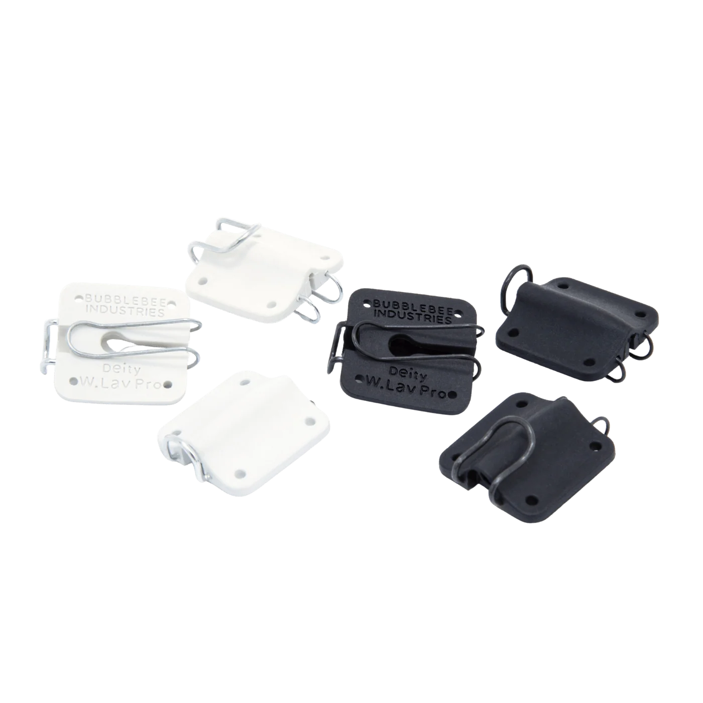 Set of black and white lav microphone concealer clips with faceplates and mounts