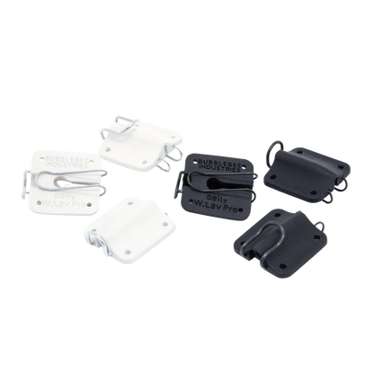 Set of black and white lav microphone concealer clips with faceplates and mounts