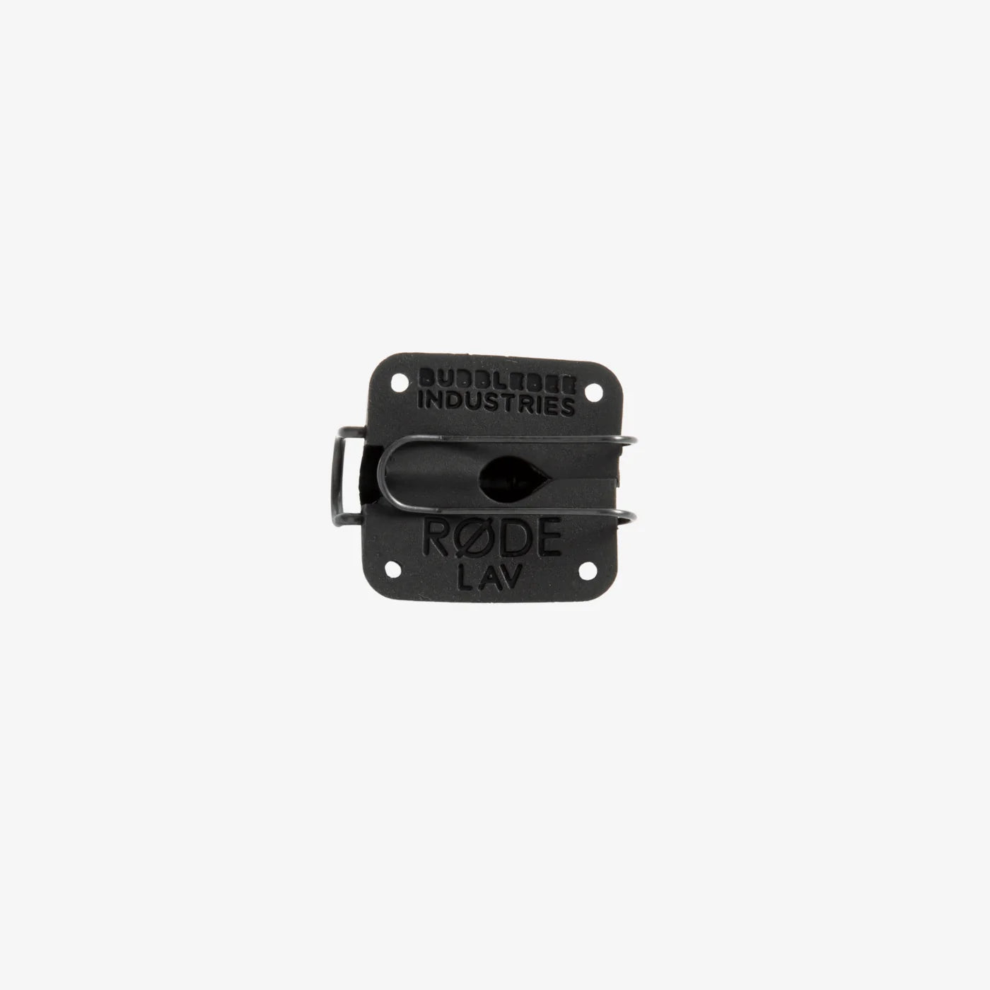 Black RØDE lavalier concealer clip with Bubblebee Industries branding