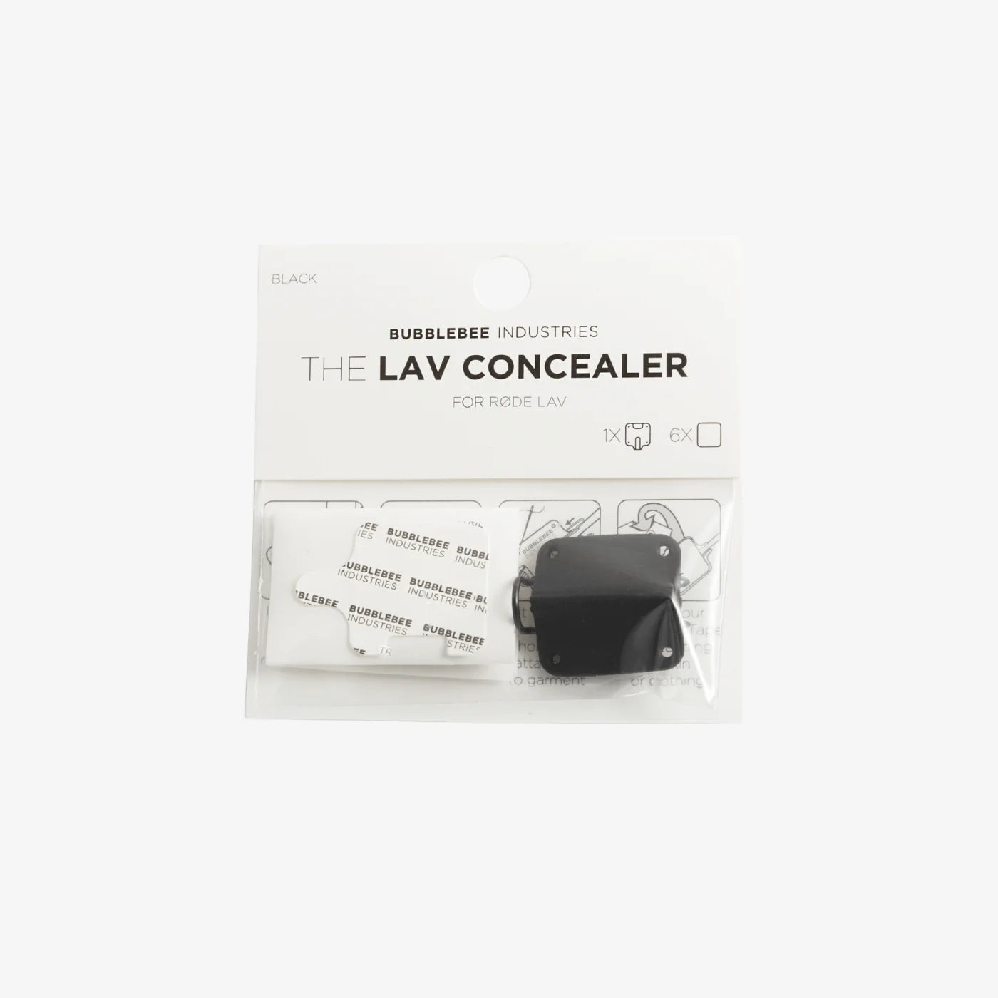 RØDE lav concealer kit with black concealer clip and adhesive pads in package