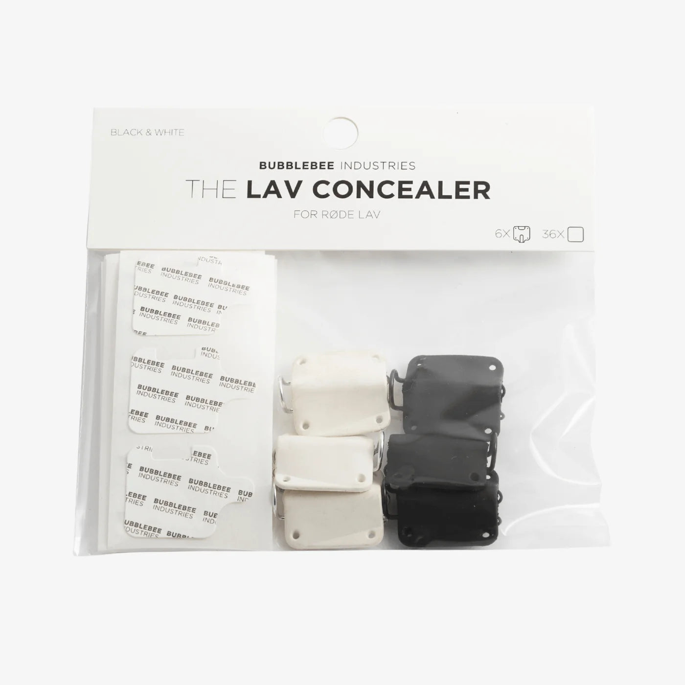 Lav concealer pack with white and black mic covers and adhesive strips