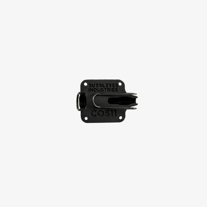 Black lav mic concealment housing with label plate and mounting holes
