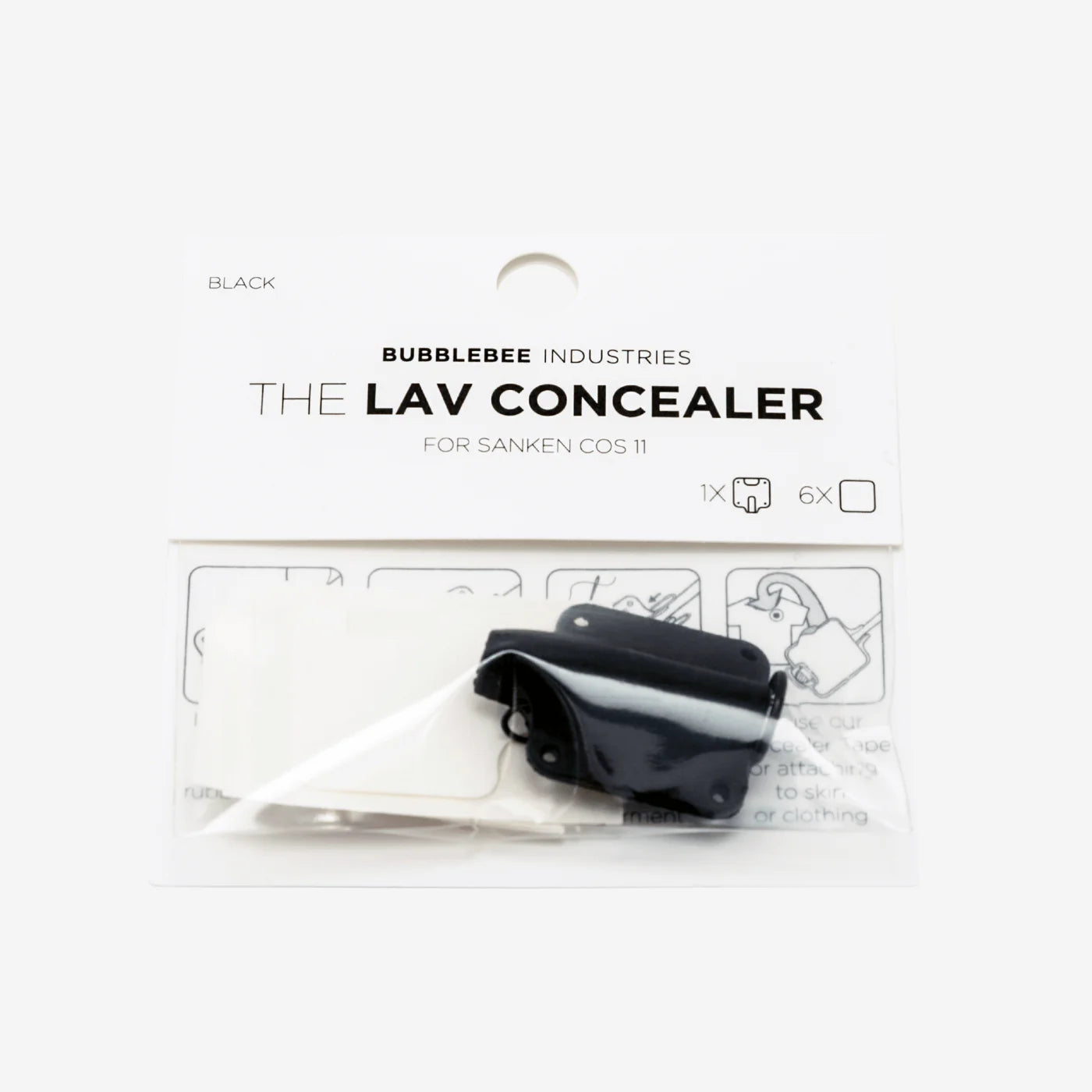 Black lav concealer for Sanken COS-11 in Bubblebee Industries blister pack
