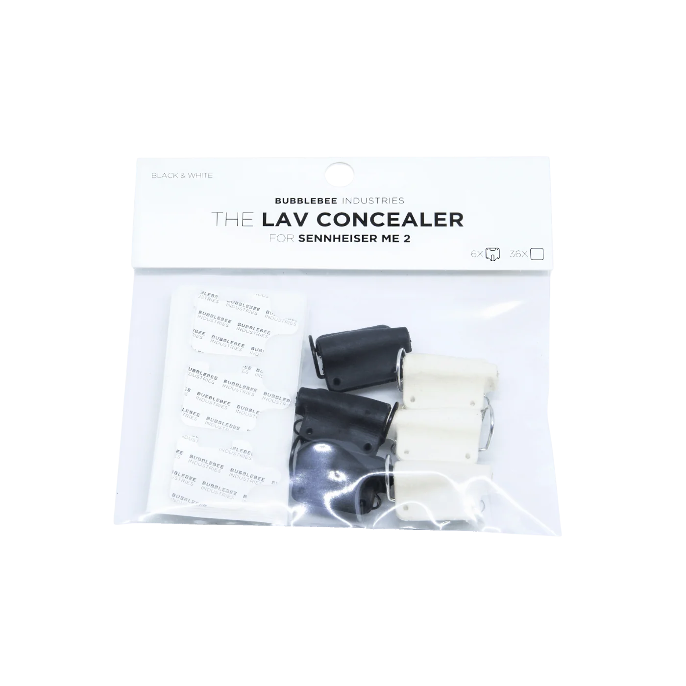 Lav concealer for Sennheiser ME2 kit in box, includes black and white covers