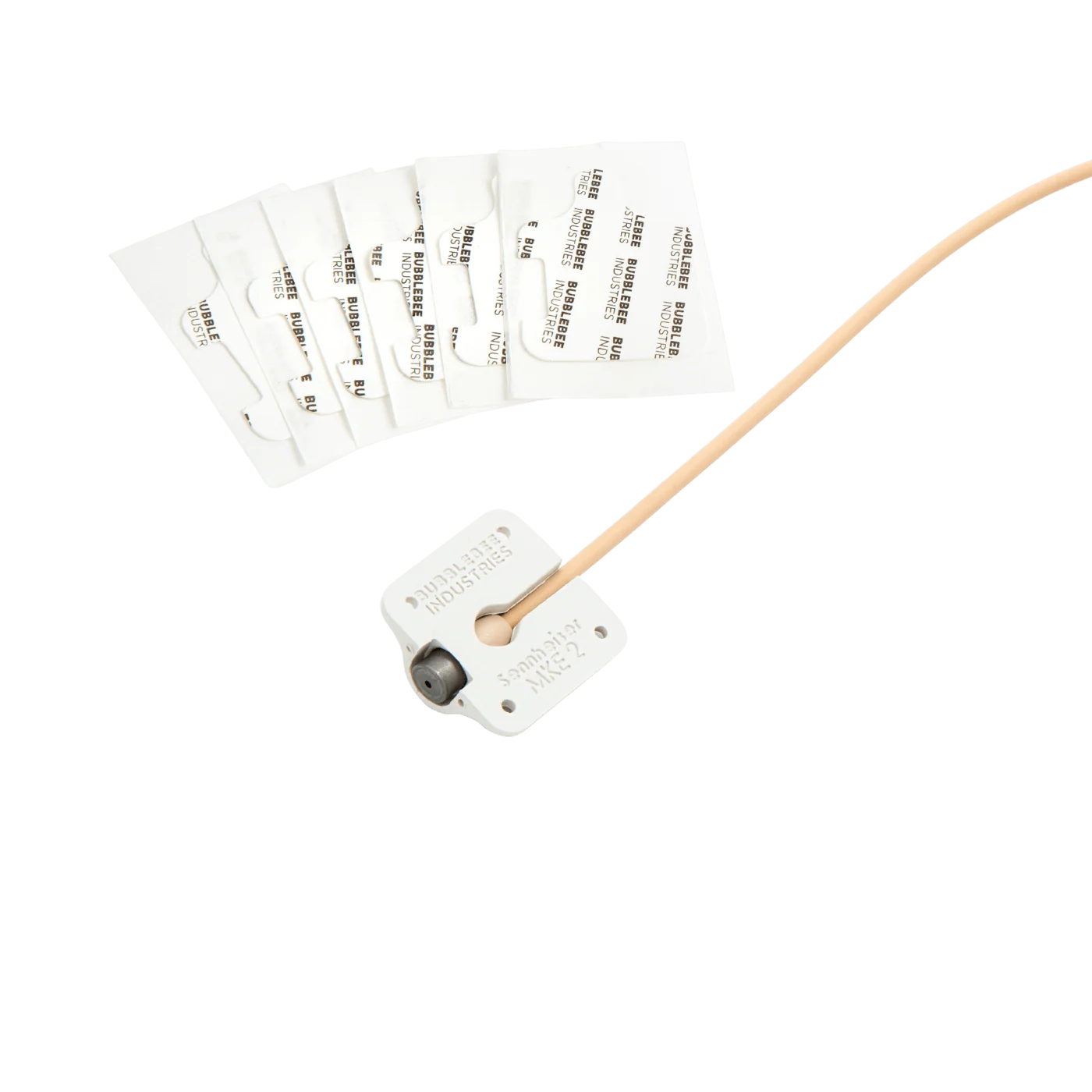 Lav concealer for Sennheiser, label cards with black and white concealer pieces