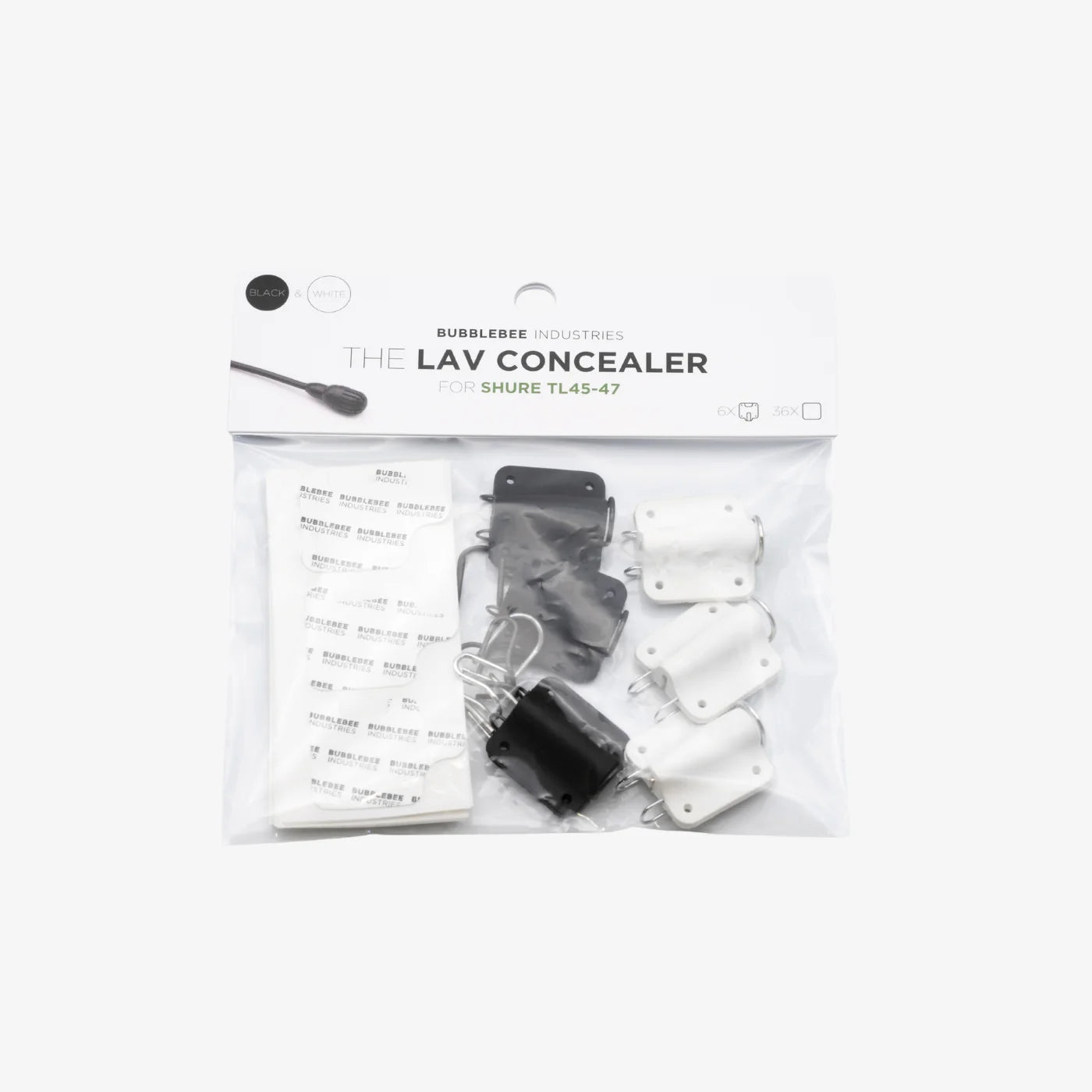 Lav mic concealer for Shure blister pack with multiple clip pieces