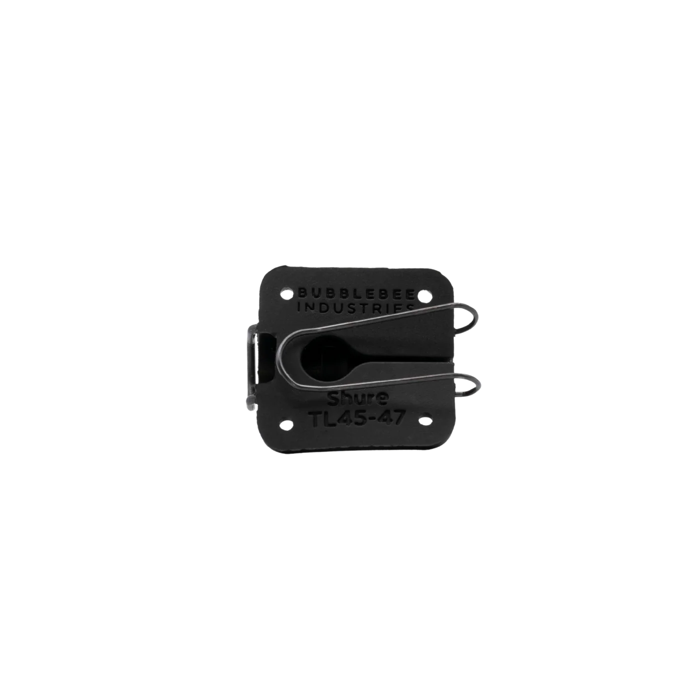 Black lav mic concealer clip mechanism with Shure compatibility labels