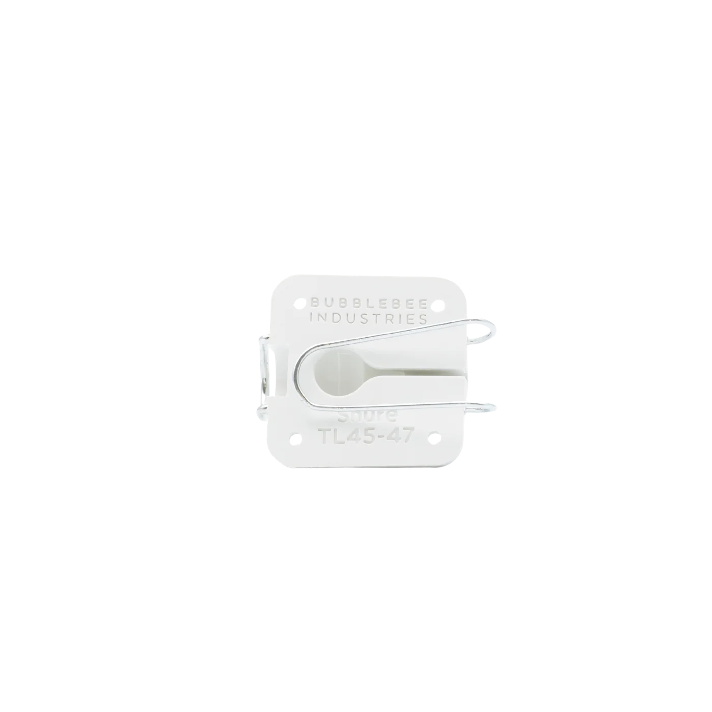 White lav mic concealer clip mechanism with Shure compatibility labels