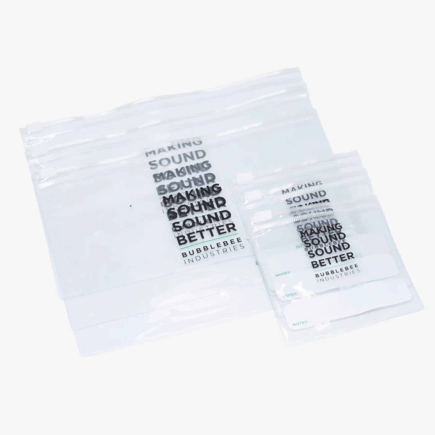 Clear lav mic pouch set with printed labels, containing coiled cable.