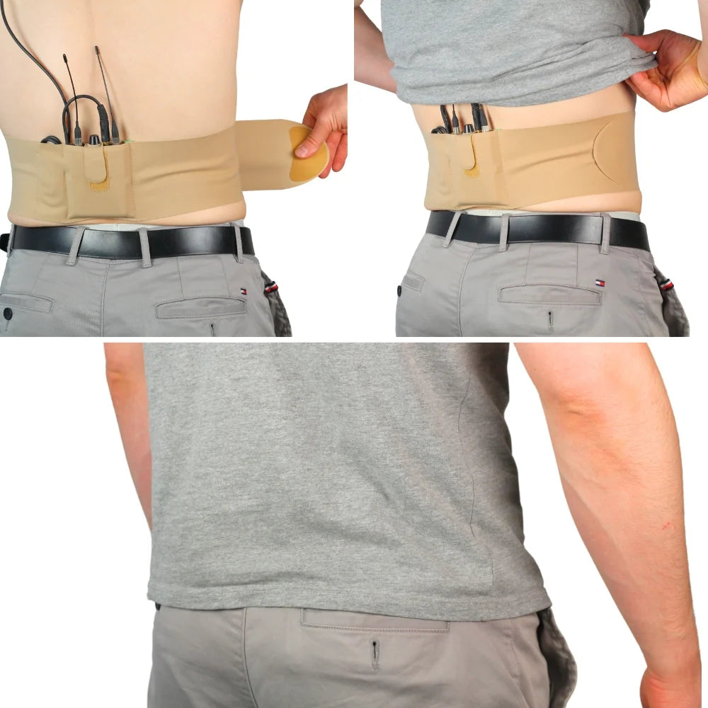 Beige single pouch worn on the waist with a front pull tab pocket.