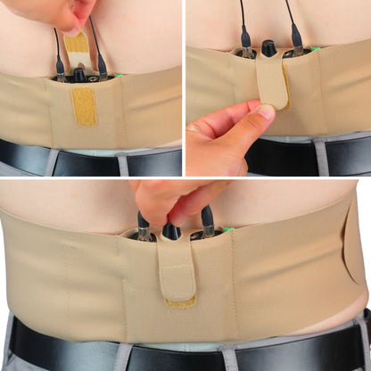 Beige single pouch worn at the waist with a front pocket and cable cords inserted.