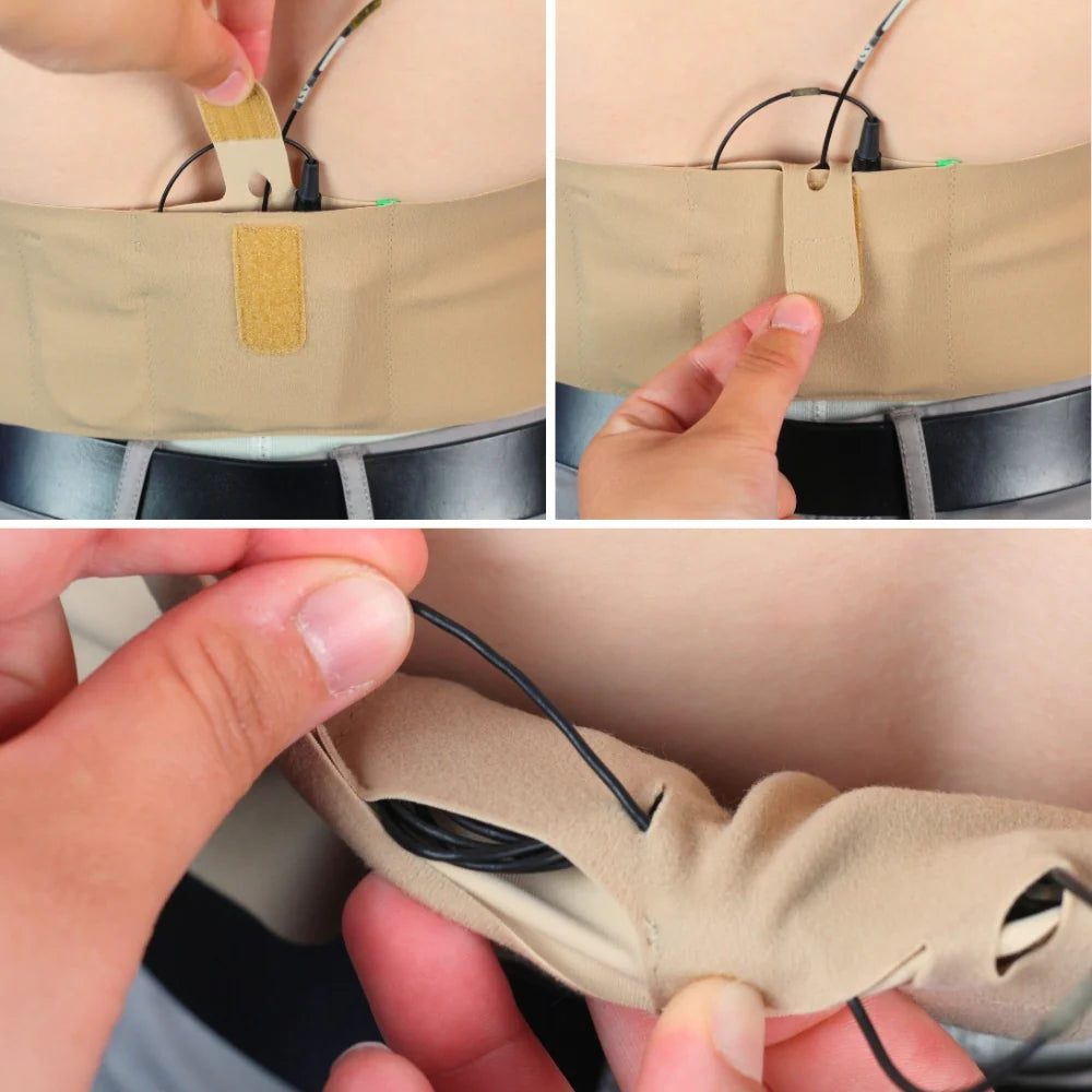 Beige single pouch with open cable side and black cords threaded through the inner slot.