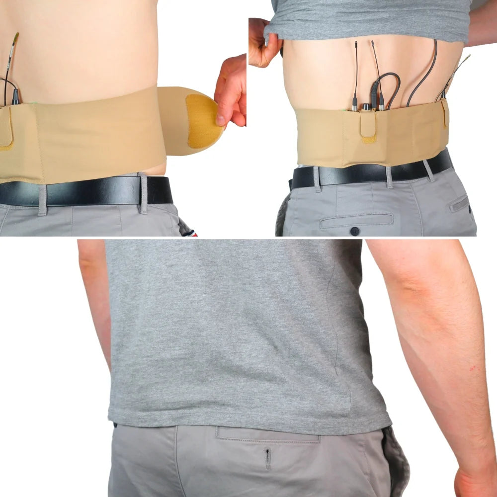 Beige double waist pouch belt with two front pouches and adjustable strap