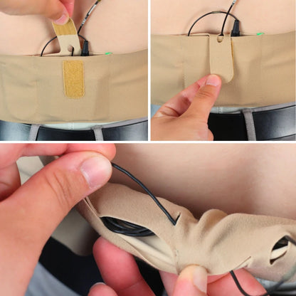 Beige double pouch waist strap close-up with cables routed through the front pouch
