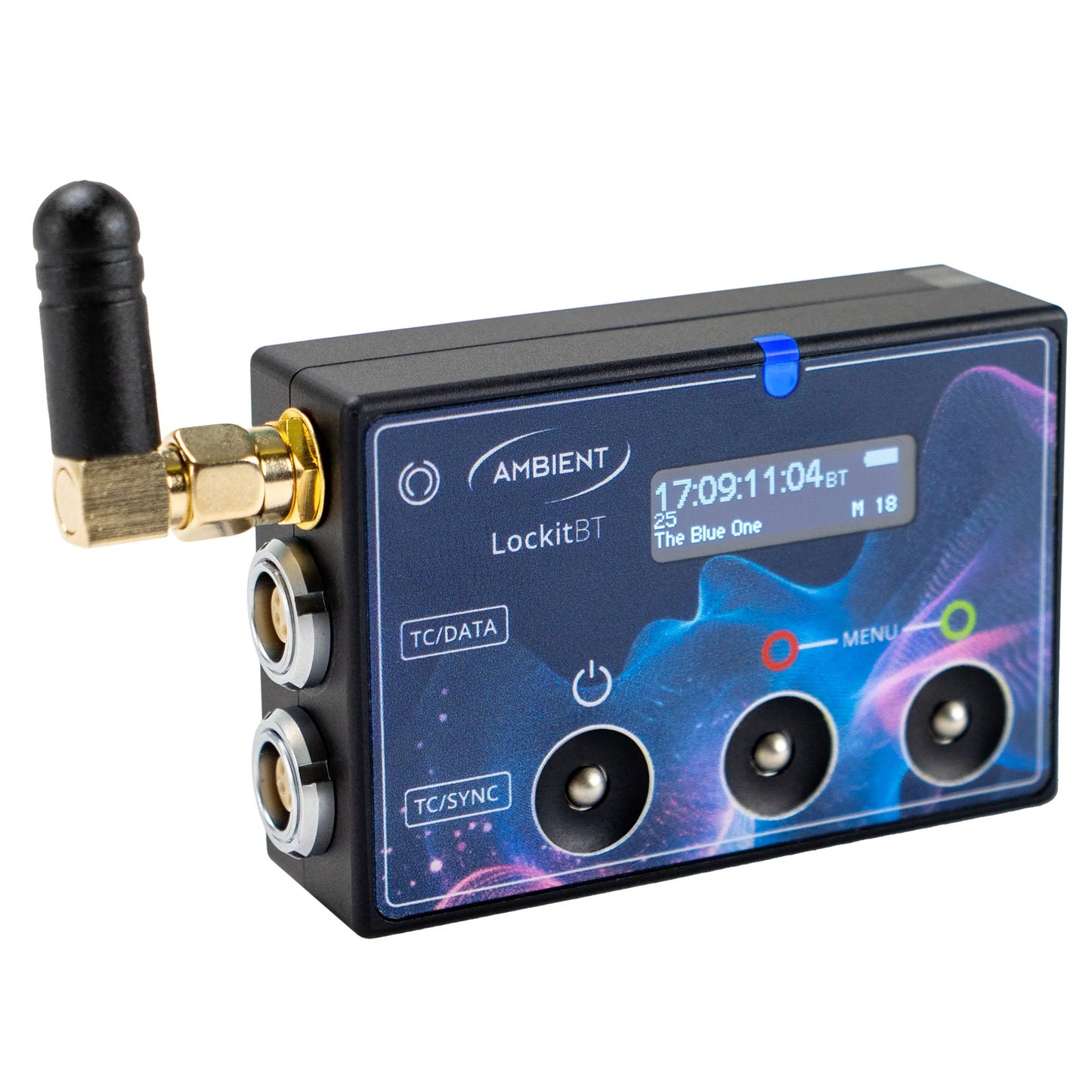 Timecode sync generator angled view with antenna, three BNC ports, and blue screen