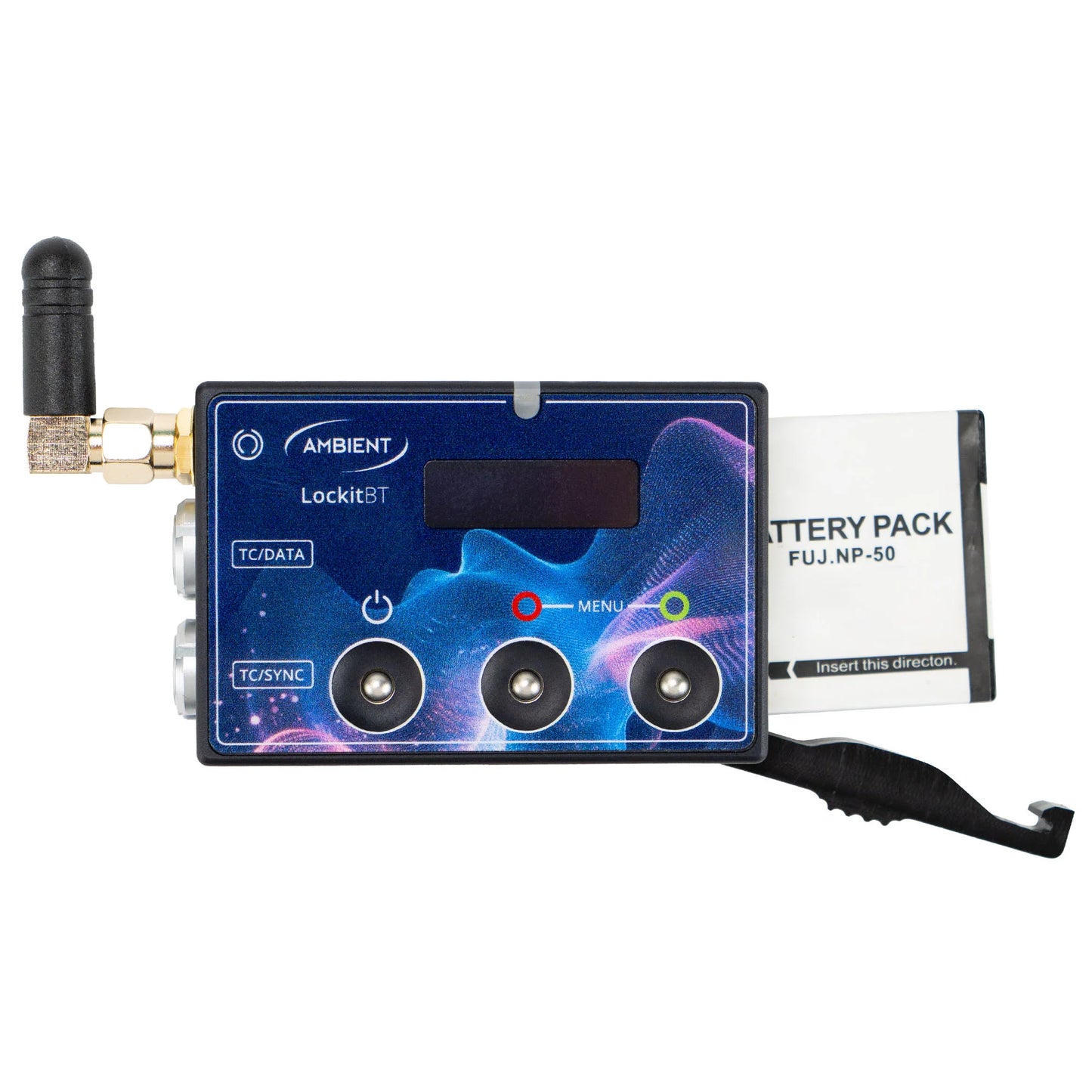 Timecode sync generator with antenna, blue front panel, and three BNC connectors