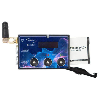 Timecode sync generator with antenna, blue front panel, and three BNC connectors