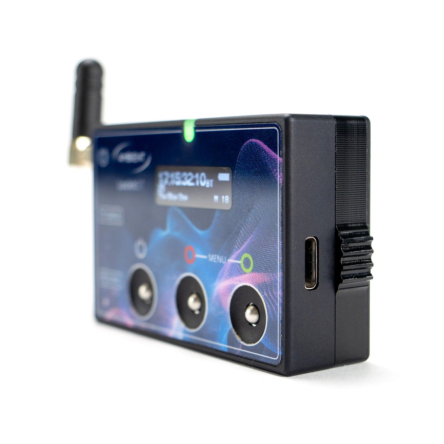 Compact timecode sync generator side view with antenna and three front BNC ports