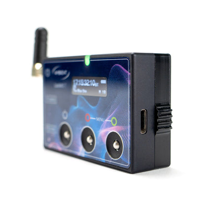 Compact timecode sync generator side view with antenna and three front BNC ports